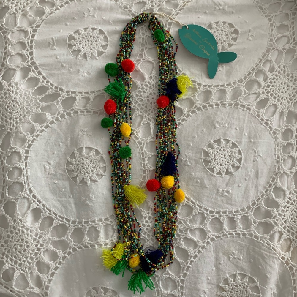 NWT Made in Italy Beaded Necklace with Pom Poms